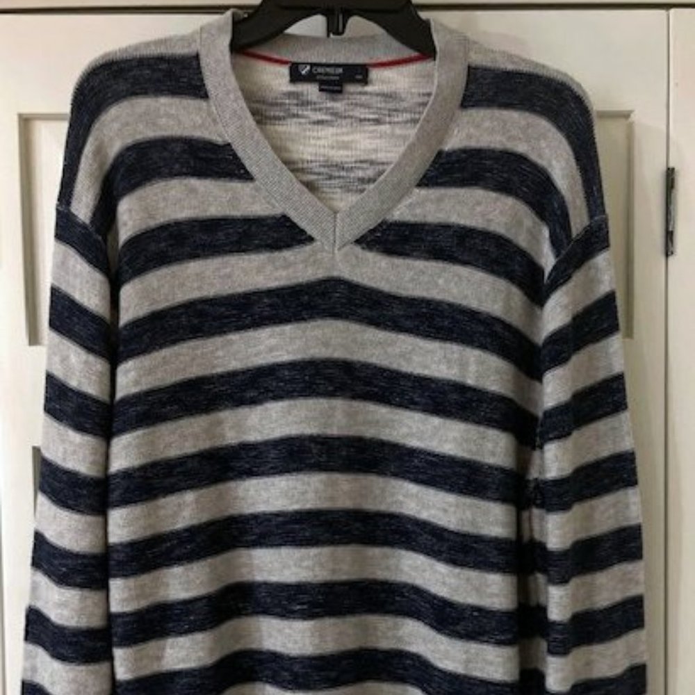 DANIEL CREMIEUX Signature Soft V Neck Sweater Mens M Gray Striped Quiet Luxury